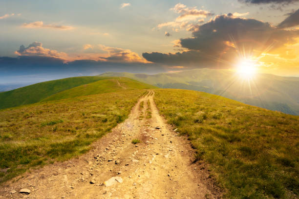 istock mountain road through grassy meadow at sunset 1257711827