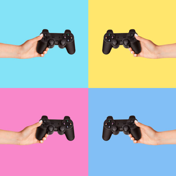 istock Collage with young ladies holding gaming controllers over color background 1257712932