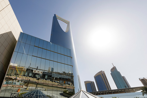 Riad, Saudi Arabia, February 14 2020: Kingdom tower in Riyadh, Saudi Arabia. Kingdom tower is a business and convention center, shopping mall and one of the main landmarks of Riyadh city