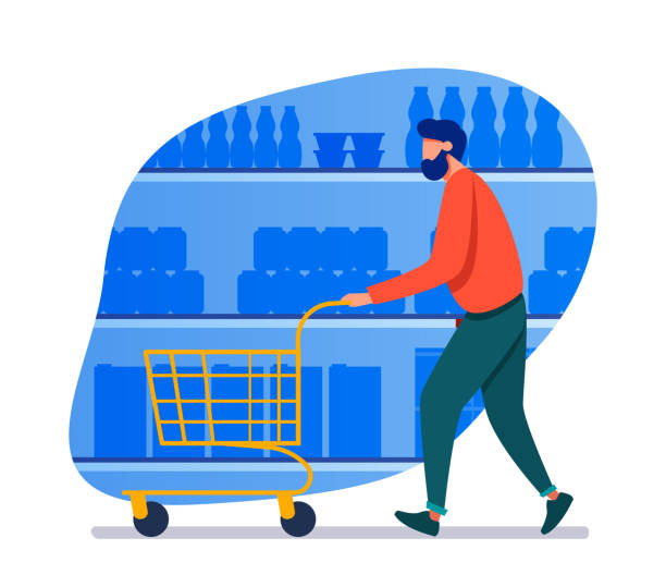 Man shopping in supermarket Man shopping in supermarket. Customer wheeling cart along aisles flat vector illustration. Grocery store, buying food concept for banner, website design or landing web page supermarket aisles vector stock illustrations