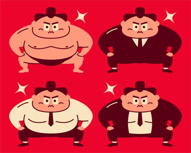 Vector illustration of Sumo wrestler crouching with posture of hands on knees, four clothes (Formal Businesswear)