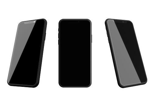 Smartphone mockup with blank black screen on a white background. Minimal concept. 3D Render Illustration