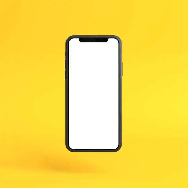 Smartphone mockup with blank white screen on a yellow background. Minimal concept. 3D Render Illustration