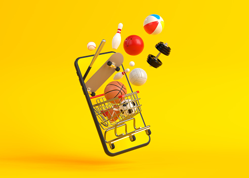 Online shopping concept on smartphone on yellow background. Online shopping sports equipment. 3d rendering