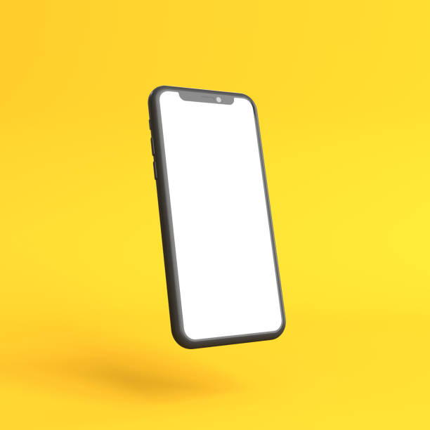 smartphone-mockup mit leerem weißen bildschirm auf gelbem hintergrund - phone stock-fotos und bilder