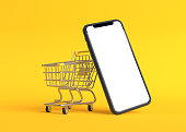 Shopping cart with empty smartphone screen on a yellow background