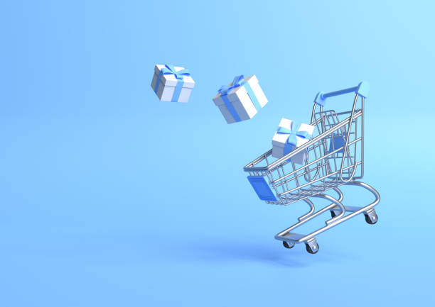 istock Flying shopping cart with gift on a blue background 1257717028