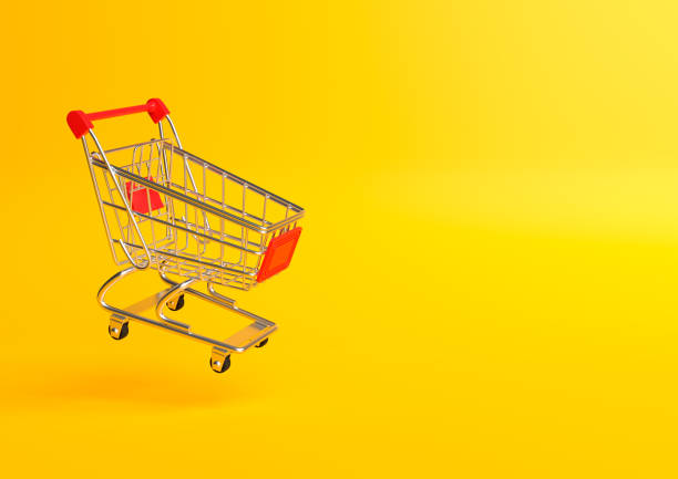 Flying shopping cart on a yellow background. Shopping Trolley. Grocery push cart. Minimalist concept, isolated cart. 3d render illustration