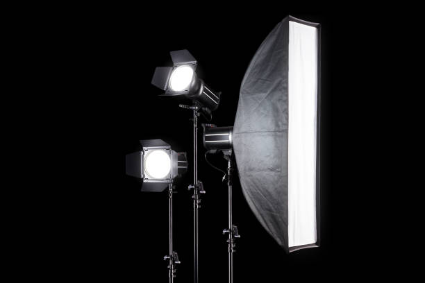 istock Photo studio lighting stands with flash and softbox isolated on the black. 1257718068
