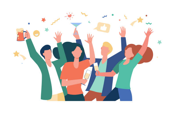 Happy friends celebrating event together Happy friends celebrating event together. Croup of people enjoying party, dancing, drinking alcohol. Vector illustration for friendship, leisure time, having fun concept happy hour illustrations stock illustrations