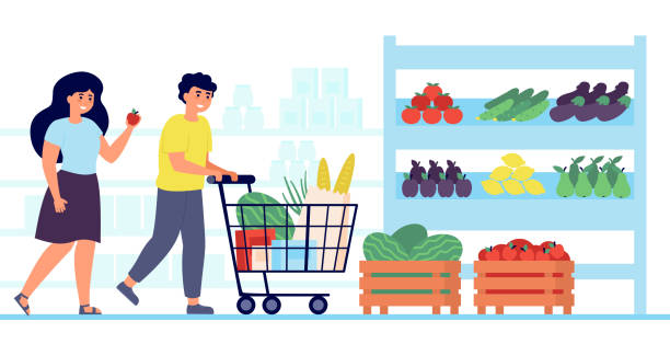 счастливые клиенты, покупающие продукты питания в продуктовом магазине - grocery shopping stock illustrations