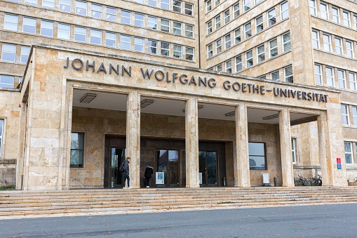 Frankfurt, Hesse / Germany - Nov 21, 2019: Close-up view on entrance of the Johann Wolfgang Goethe-Universität (university). Located in the so-called I. G.-Farben-Haus.