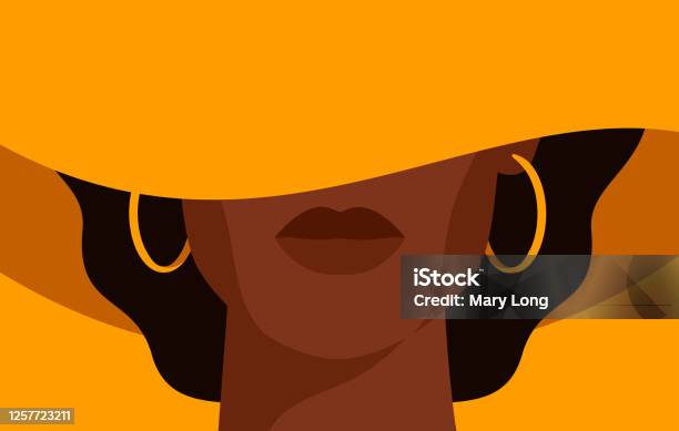 노란 모자에 검은 곱슬 머리를 한 젊은 아프리카계 미국인 여성은 얼굴을 가리는 넓은 챙이 있습니다 여자에 대한 스톡 벡터 아트 및 기타 이미지