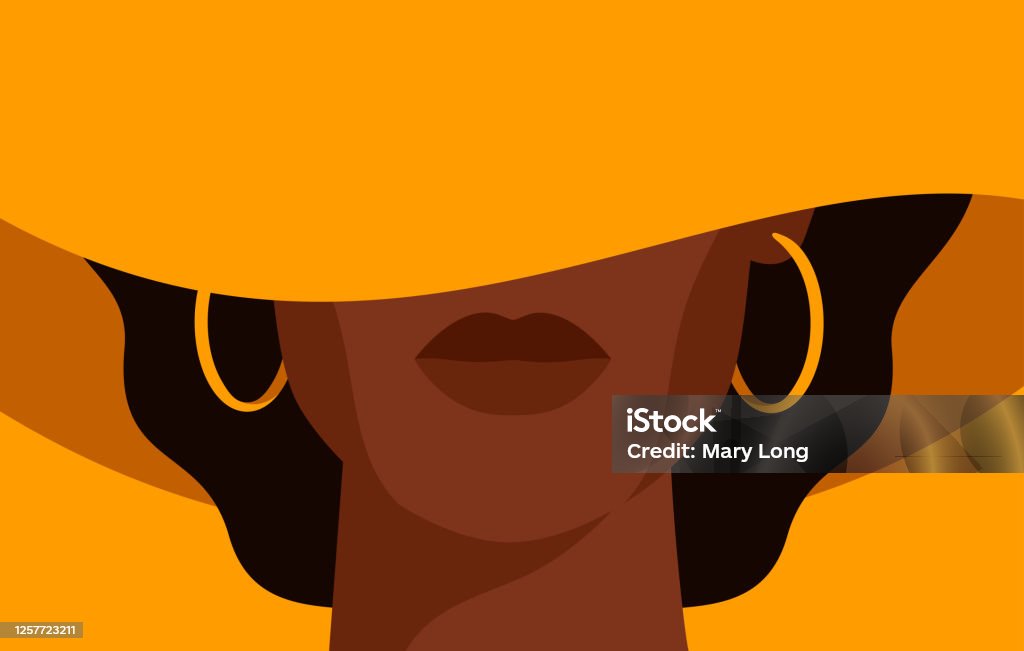 Young African American woman with black curly hair in the yellow hat with a wide brim covering her face. Young African American woman with black curly hair in the yellow hat with a wide brim covering her face. Black strong girl on yellow background, front view. Vector illustration Women stock vector