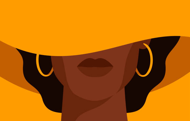 Young African American woman with black curly hair in the yellow hat with a wide brim covering her face. Young African American woman with black curly hair in the yellow hat with a wide brim covering her face. Black strong girl on yellow background, front view. Vector illustration elegance concept stock illustrations