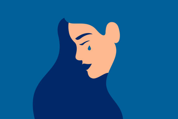 ilustraciones, imágenes clip art, dibujos animados e iconos de stock de la joven triste está llorando sobre un fondo azul. - woman silhouette