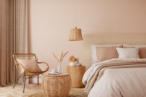Interior del dormitorio. Diseño de tonos beige.3d renderizado photo
