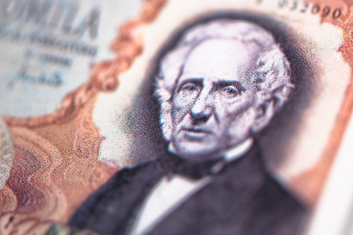 Close-up on the half-length portrait of Alessandro Manzoni on the 100000 lire banknote
