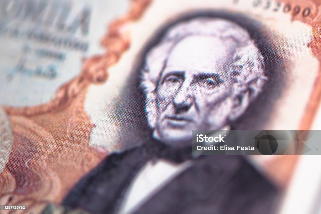 Close-up on the half-length portrait of Alessandro Manzoni on the 100000 lire banknote Alessandro Manzoni Stock Photo