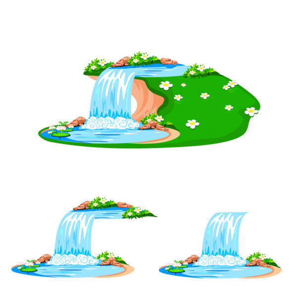 ilustrações, clipart, desenhos animados e ícones de cachoeira de desenho animado com lagoa e lírios d'água - waterfall backgrounds heaven nature