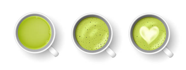 ilustrações, clipart, desenhos animados e ícones de xícara 3d realista de chá japonês verde quente matcha latte set de bebida. uma vista superior da xícara de chá isolada no fundo branco. ilustração vetorial para web design, menu, aplicativo, anúncio - tea cup tea cup herbal medicine