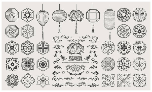 illustrazioni stock, clip art, cartoni animati e icone di tendenza di insieme di elementi orientali disegnati a mano. lanterne asiatiche e motivi tradizionali. - oriental pattern