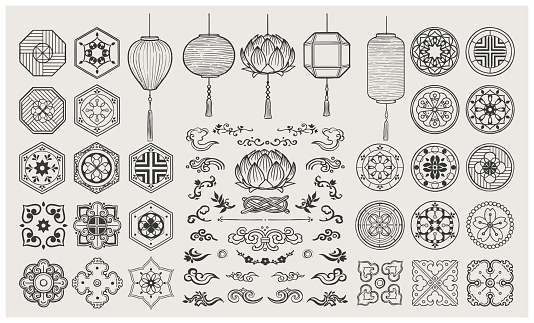 Set of oriental lanterns and Asian patterns.