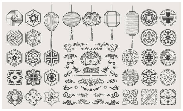 Set of hand drawn oriental elements. Asian lanterns and traditional patterns. Set of oriental lanterns and Asian patterns. korean icon stock illustrations