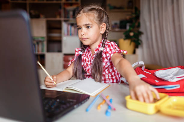 istock Distant education, back to school. Girl studying homework during online lesson at home 1257733254