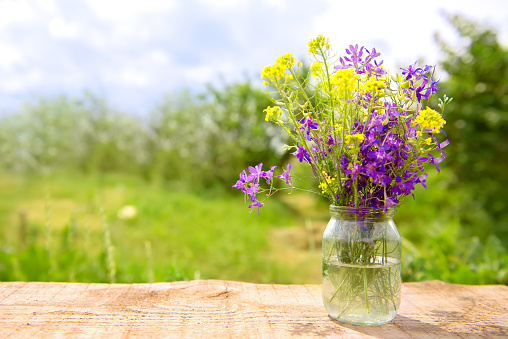 A bouquet of wild flowers in a jar in the open air