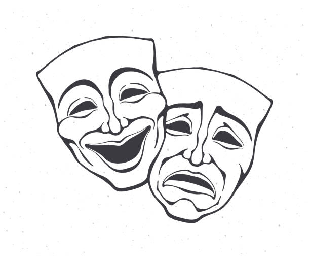 illustrazioni stock, clip art, cartoni animati e icone di tendenza di due commedie teatrali e maschera drammatica. contorno. simbolo del disturbo bipolare. emozione positiva e negativa. industria cinematografica e teatrale. - maschera da commedia