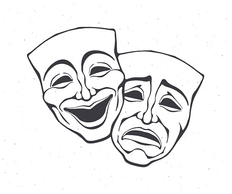 Two theatrical comedy and drama mask. Outline. Bipolar disorder symbol. Positive and negative emotion. Film and theatre industry.