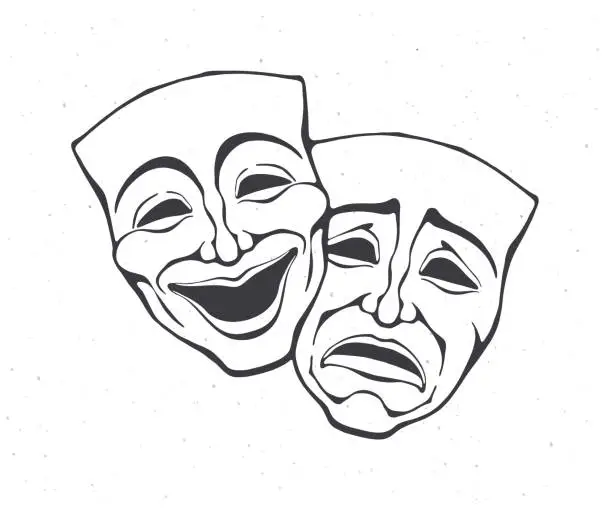 Vector illustration of Two theatrical comedy and drama mask. Outline. Bipolar disorder symbol. Positive and negative emotion. Film and theatre industry.