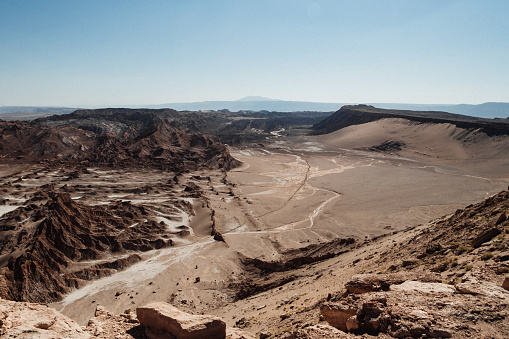 Dry landscape of rocks and sand in Moon valley or Valle de la Luna in Atacama desert, Chile