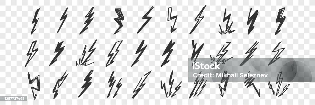 Hand drawn lightning doodle set Hand drawn lightning doodle set. Collection of pen ink pencil drawing sketches of electrical strokes thunderbolt isolated on transparent background. Illustration of weather event or phenomenon. Lightning stock vector