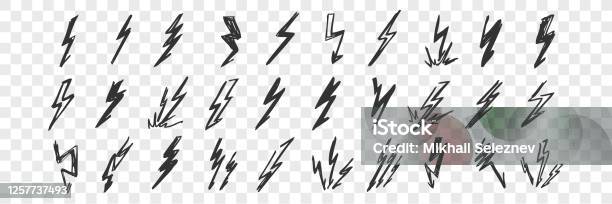 Hand Drawn Lightning Doodle Set Stock Illustration - Download Image Now - Lightning, Drawing - Activity, Drawing - Art Product