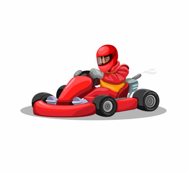 istock Go kart racer character in red uniform. professional driving race sport competition in cartoon illustration vector on white background 1257737521