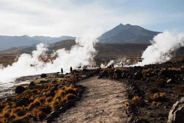Water vapor (steam) rises from the ground at sunrise in El Tatio geyser field in northern Chile/ Beautiful view of geysers at the sunrise