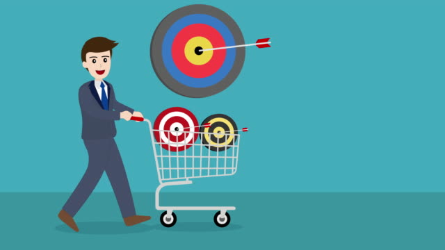 Animation of businessman with target and an arrow in a shopping cart.