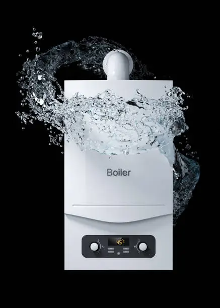 Wall mounted gas boiler combi and water flow around isolated on black background 3d