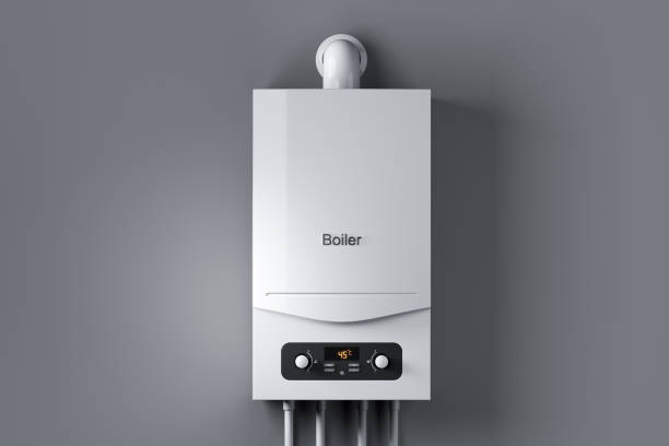 Gas water boiler on wall Gas water boiler on wall. 3d render boiler stock pictures, royalty-free photos & images