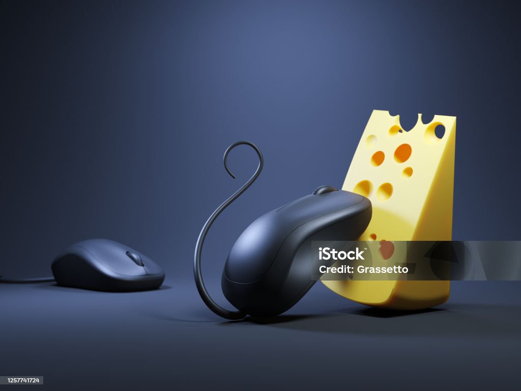 Computer mouse and cheese. Computer mouse and cheese. 3d render Mousetrap Stock Photo