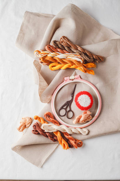 istock Embroidery set. Linen fabric, embroidery patterns, embroidery hoop, colorful threads and needls. 1257743436