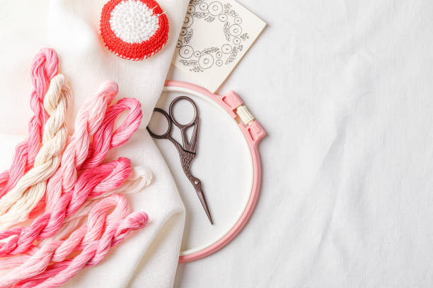 istock Embroidery set. Linen fabric, embroidery patterns, embroidery hoop, colorful threads and needls. 1257743439