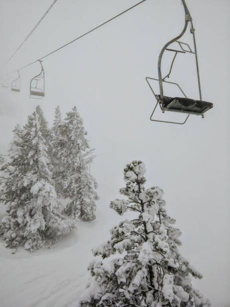 istock Chairlift During Blizzard With Snowy Trees 1257745336