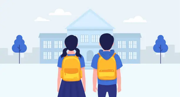 Vector illustration of Back to school. School students. School building. Vector