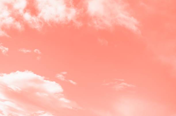 istock Pink coral color sky background with white clouds. Coral gradient background 1257750451