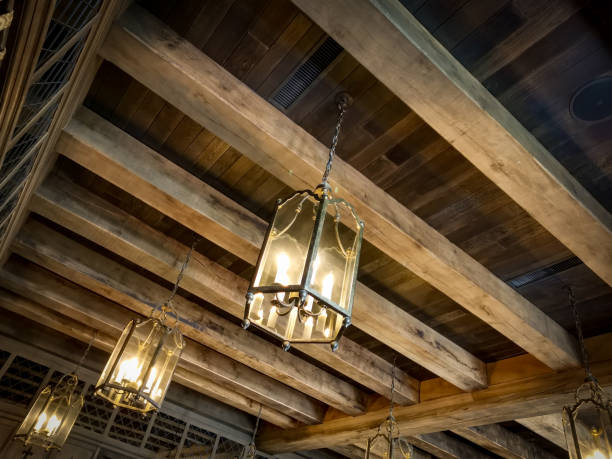 istock Lanterns hanging from a wooden ceiling 1257752667