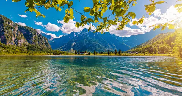 Almsee or Lake Alm. Lake in Upper Austria's Part of the Salzkammergut in the Scenic Almtal Valley Panoramic Format.