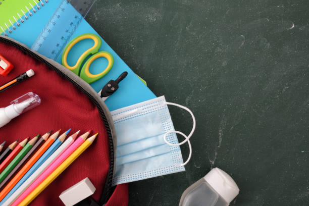istock School backpack with mask and gel on blackboard detail top 1257753835